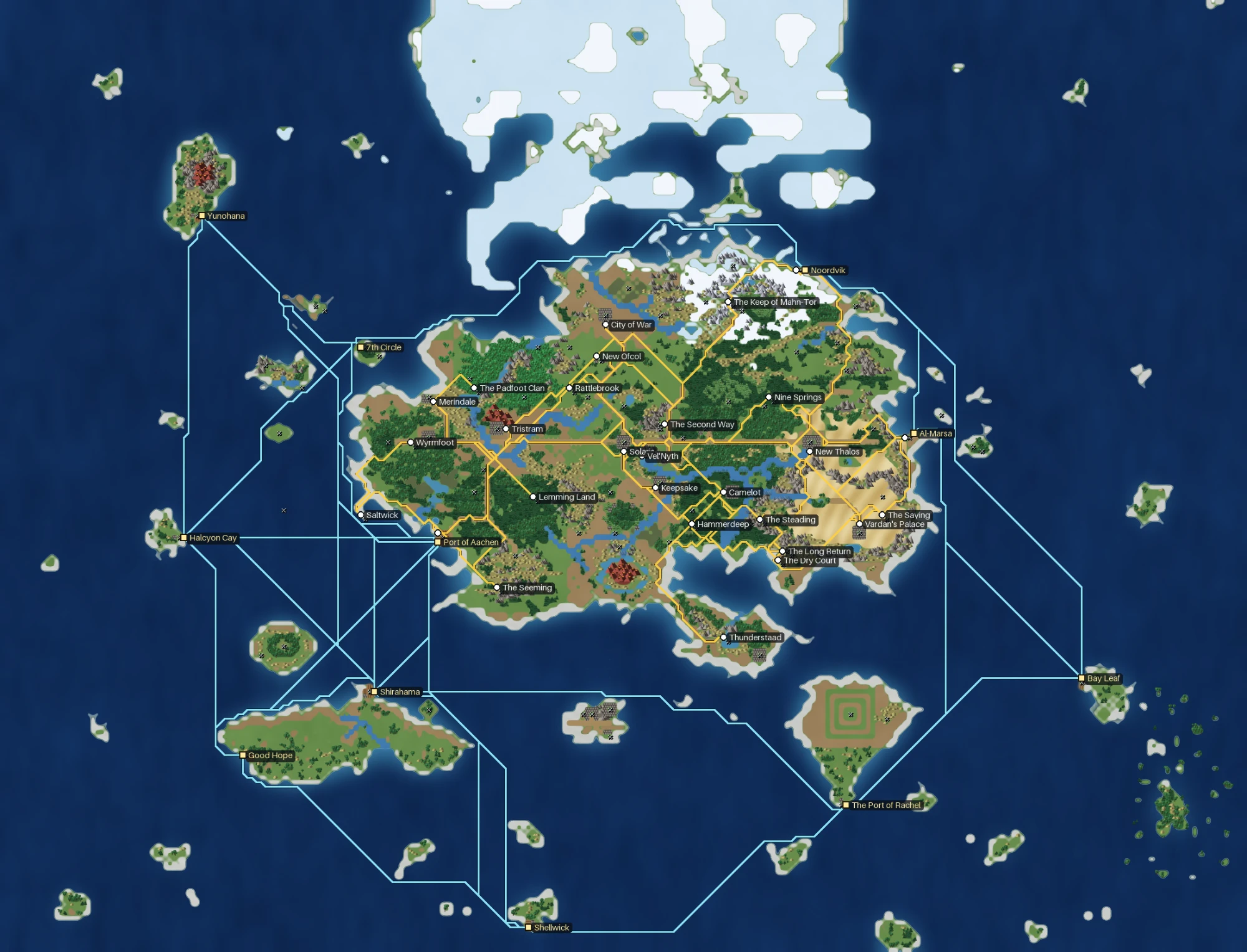 The travel network over a painted map of Thera: yellow roads joining twenty-eight inland coach stops across the mainland, and pale blue sea courses joining ten harbours around it and out to the islands.