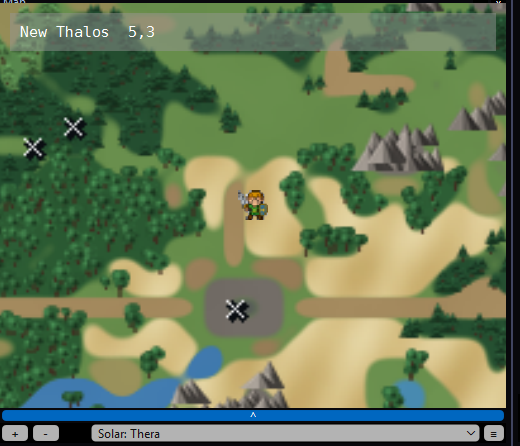 The solarUI painted map: a small figure standing on a sandy track through green country, trees and grey mountains around, water at the bottom, crosses marking three ways off the map, and a box at the top reading New Thalos 5,3.