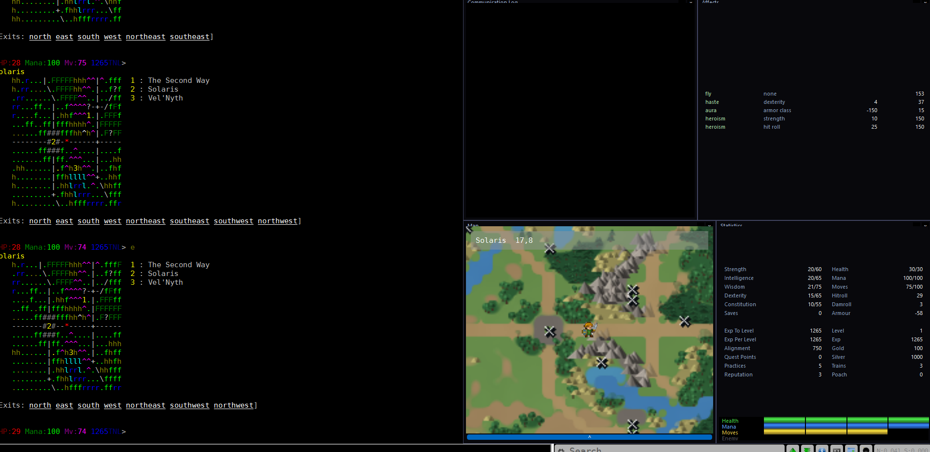 A Mudlet window running solarUI: the game's own text and ascii overworld down the left, and on the right a communication log, an affects panel, the painted map with the player on it, and a statistics panel above four coloured gauges.